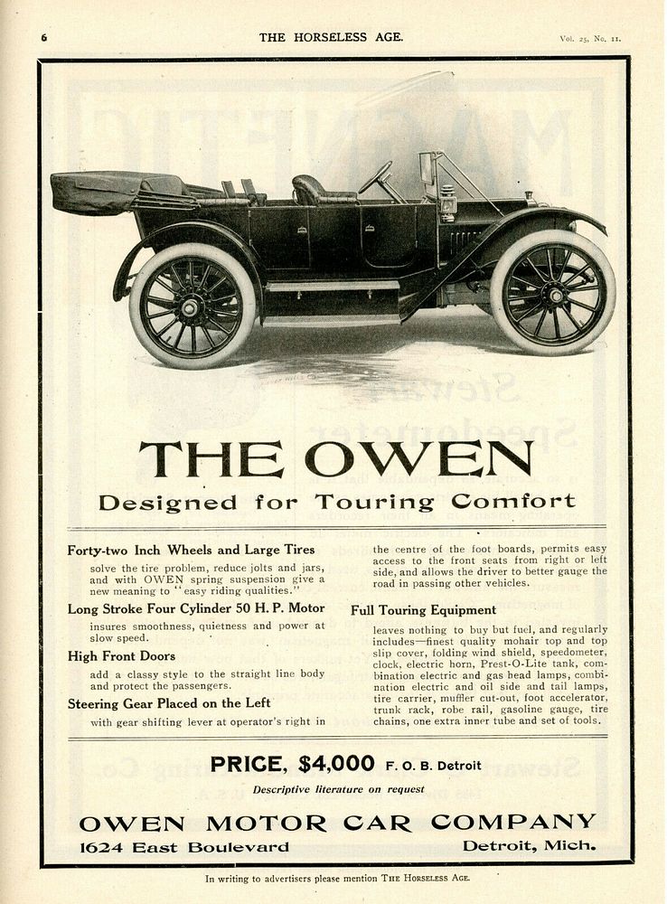 1910 Owen Motor Car Advertisement in Horseless Age