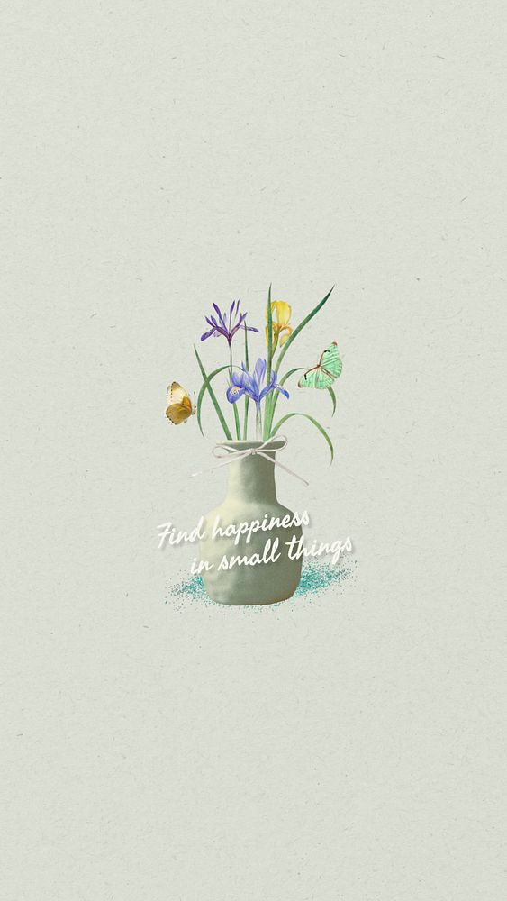 Happiness quote iPhone wallpaper, flower vase remix illustration