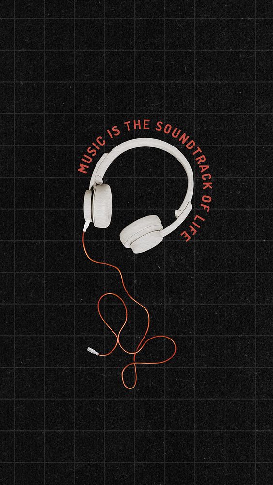 Aesthetic music quote iPhone wallpaper, headphones on black grid background