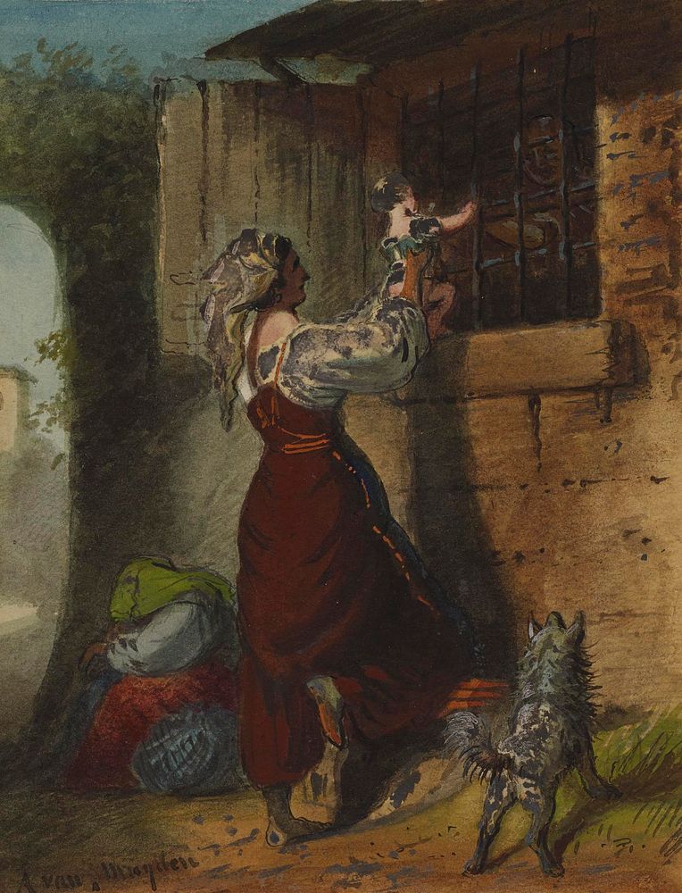 Woman Lifting Infant to Cell Window (mid 19th century) by Alfred Jacob Miller