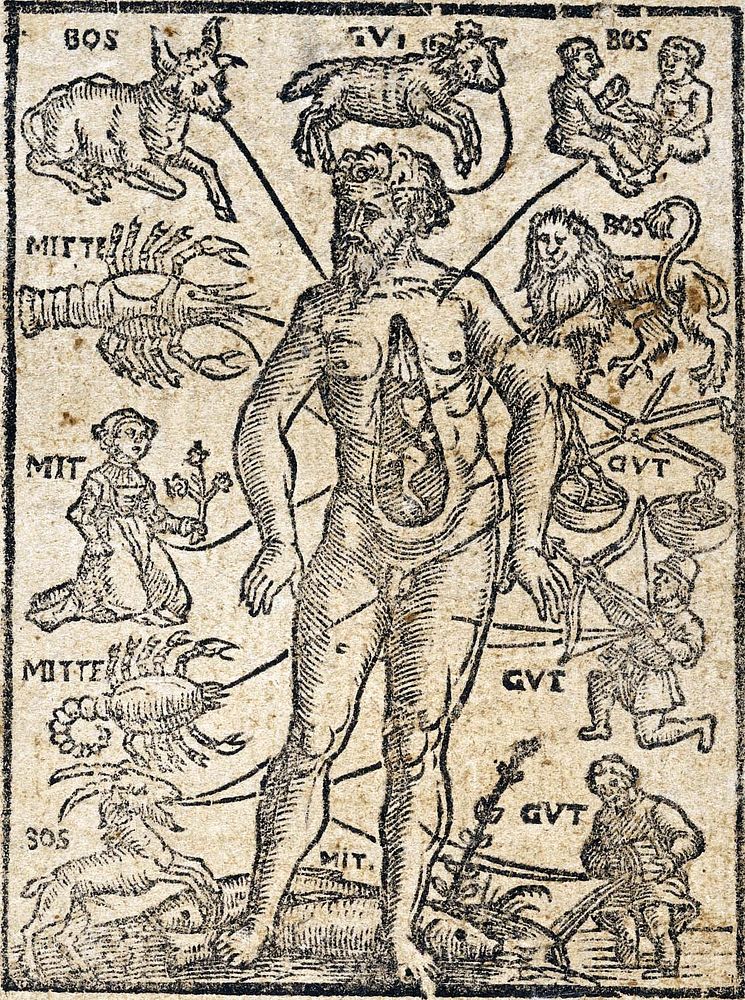 Woodcut of the Homo Signorum, or Zodiac Man, from a 1580 almanac.