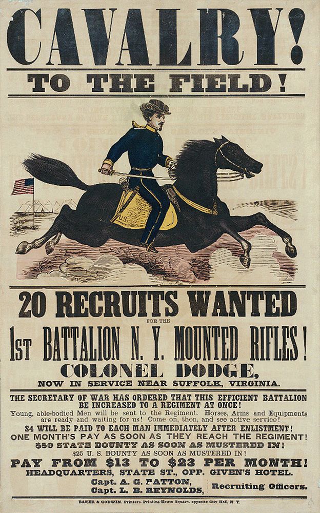 Recruiting poster for the New York Cavalry, 1st Battalion, Mounted Rifles, which served from 1861 to 1865 in the American…