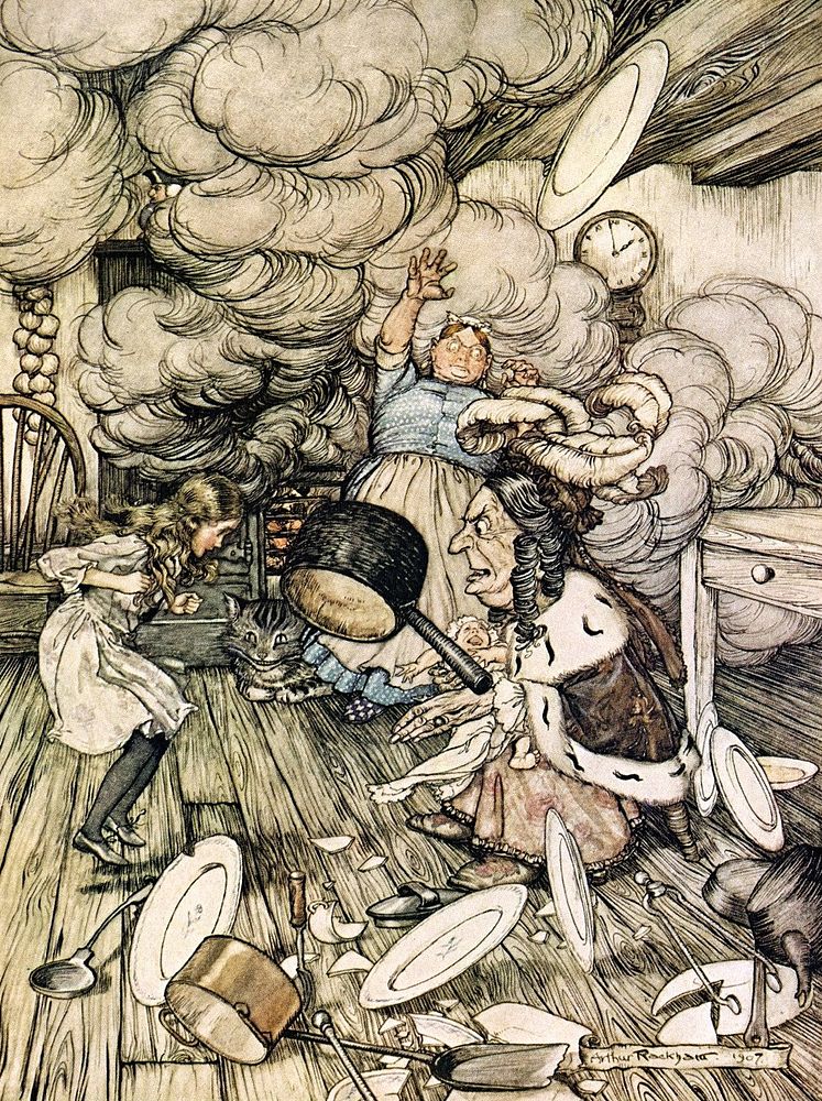 An unusually large saucepan flew close by it, and very nearly carried it off from Alice's adventures in Wonderland (1916) by…