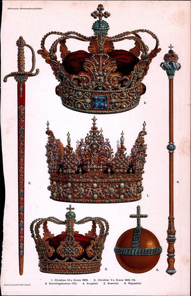Danish Crown Regalia1. Crown of Christian IV 1595.2. Crown of Christian V 1665-70.3. The queen's crown 1731.4. Sceptre.5.…