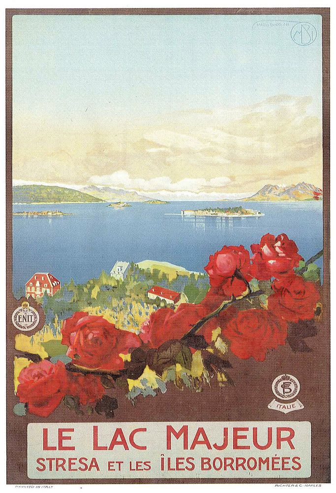 Old poster for advertising tourism around the Lago Maggiore in northern Italy, in French. Published before 1900.