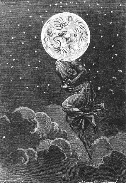 An illustration captioned "lunar stomach-ache", from Jules Verne's novel Around the Moon drawn by &Eacute;mile-Antoine…