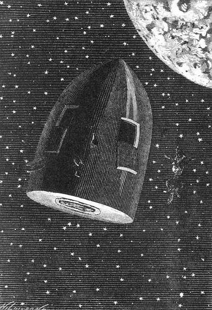 An illustration from Jules Verne's novel "Around the Moon." (1872) by Henri Th&eacute;ophile Hildibrand.