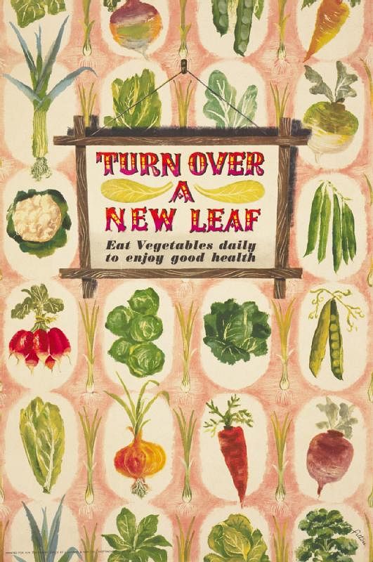 Turn Over a New Leaf - Eat Vegtables Daily to Enjoy Good Healthwhole: text, in red, yellow and black, is placed within a…