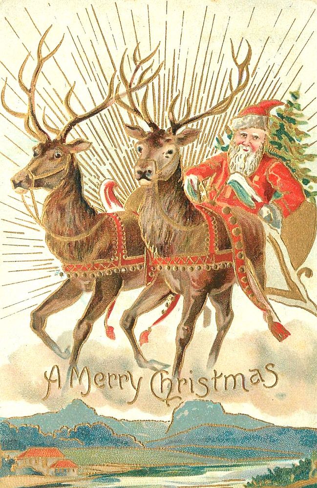 Christmas postcard of Santa Claus and his reindeer.