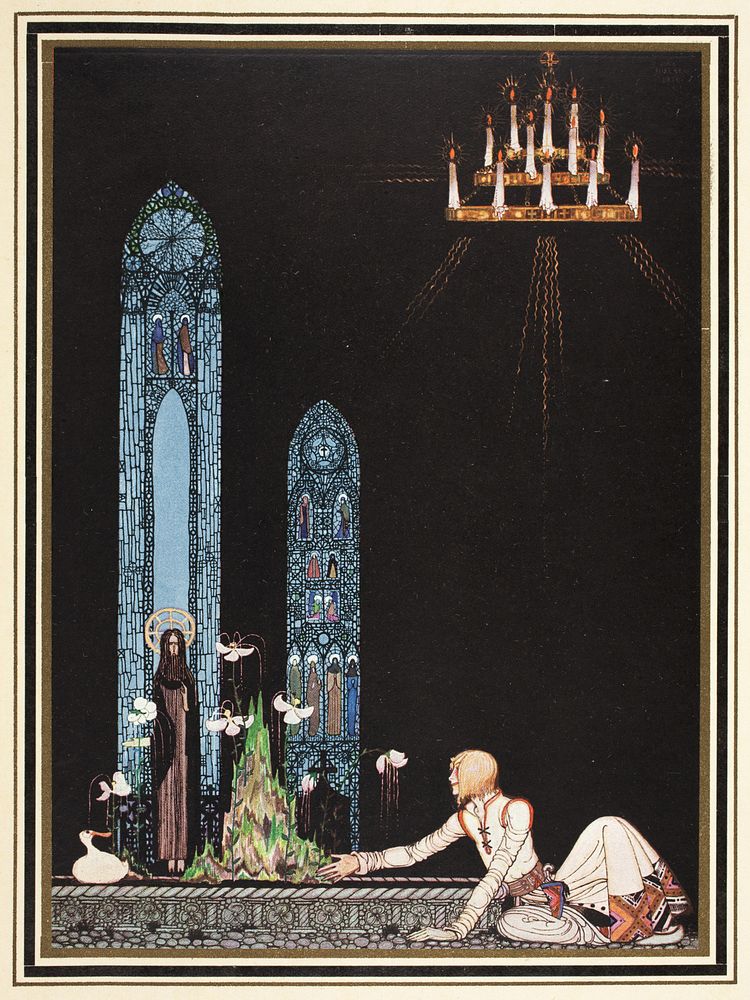 ‘“On that island stands a church; in that church is a well; in that well swims a duck.”’Illustration by Kay Nielsen in East…