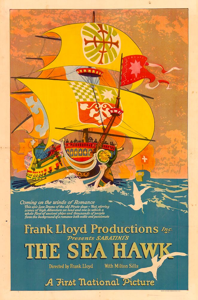 Poster for the American adventure film The Sea Hawk (1924).There are no copyright markings pertaining to the image as can be…