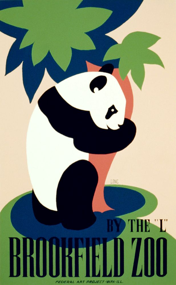 Brookfield Zoo--By the "L" (or El). Poster showing a panda bear hugging a tree.