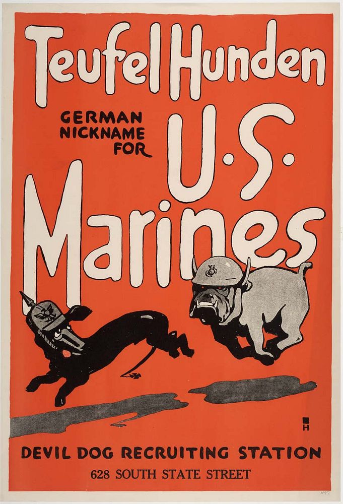 United States Marine Corps (USMC) World War I recruiting poster. A Marine bulldog chases a German dachshund, taking…