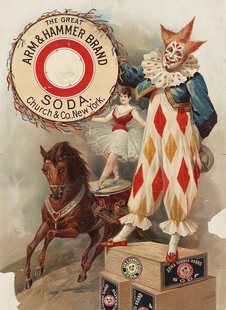 "The great Arm & Hammer brand soda." Color lithograph advertising poster.