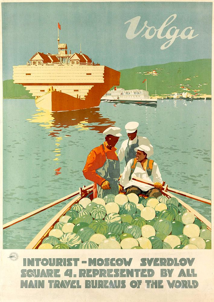 Туристический плакат о Волге. Внешторгиздат по заказу Интуриста, 1932. Хромолитография, 98×64 см.