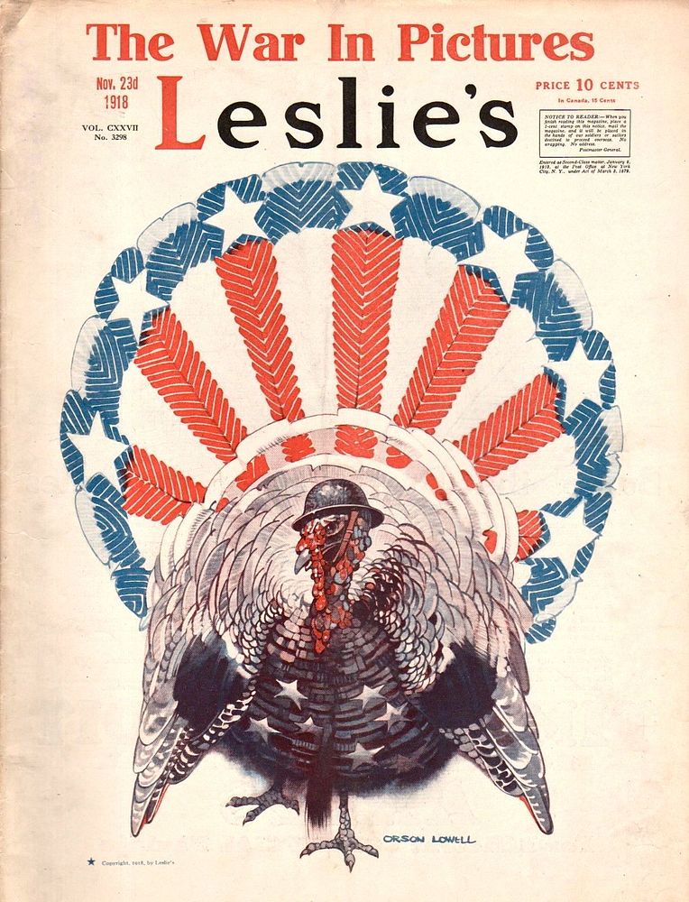 On the cover of Leslie's magazine, a turkey wears a military helmet and has feathers colored to indicate the Stars and…