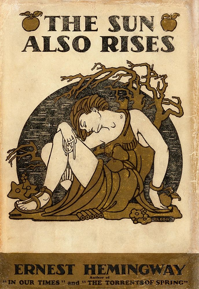 First-edition dust jacket cover of The Sun Also Rises (1926), the second novel by the American author Ernest Hemingway.
