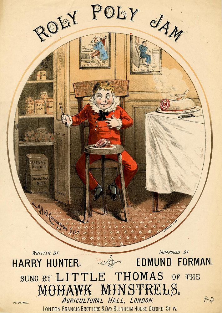 Music cover sheet: a boy seated in a kitchen on a high chair, holding a fork in his right hand, preparing to eat jam roly…