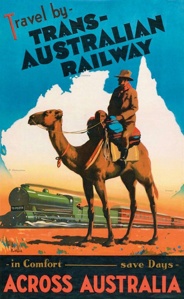 Commonwealth Railways poster -- "Travel by Trans-Australian Railway across Australia – in comfort – save days