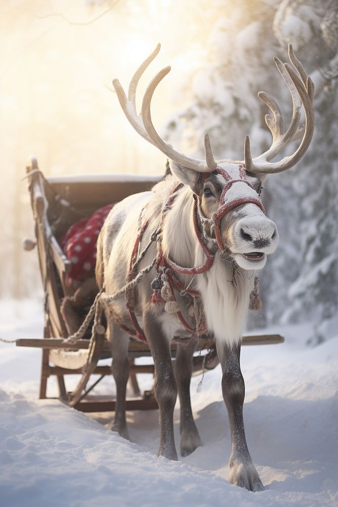 Reindeer pushing a sled tradition mammal animal. AI generated Image by rawpixel.