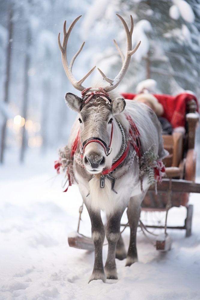 Reindeer pushing a sled tradition mammal animal. AI generated Image by rawpixel.