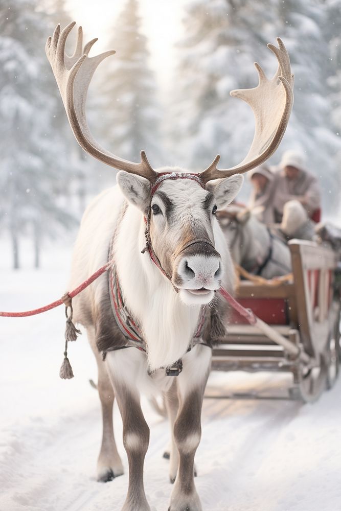 Reindeer pushing a sled snow tradition outdoors. AI generated Image by rawpixel.