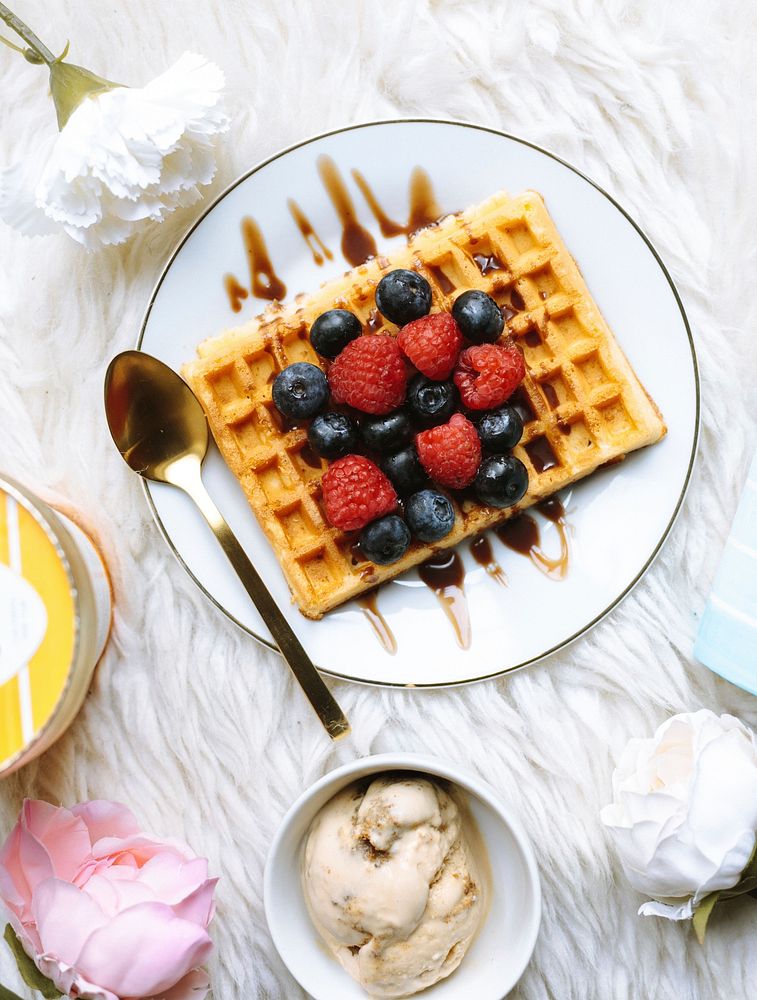 Free wafflebreakfast with fruit image, public domain food CC0 photo.