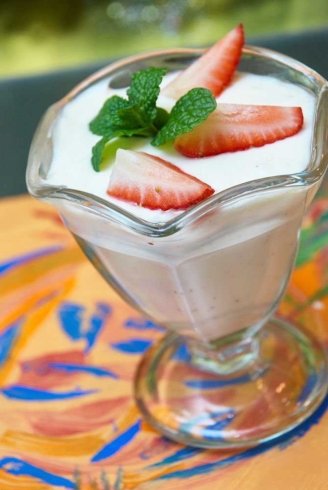 Free yogurt parfait and strawberries and mint image, public domain food CC0 photo.
