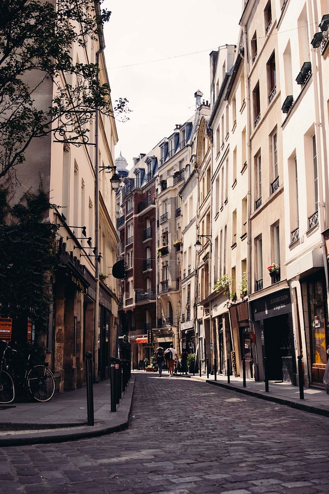 Free narrow Parisian street image, public domain traveling CC0 photo.