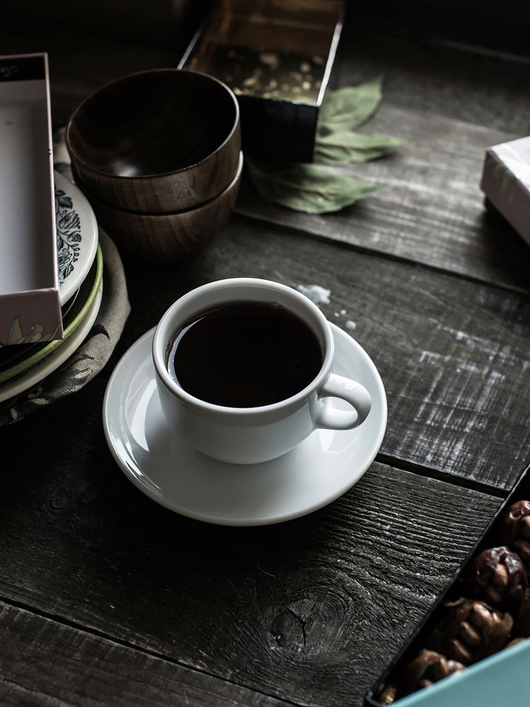 Free black coffee, aesthetic, wooden table photo, public domain beverage CC0 image.