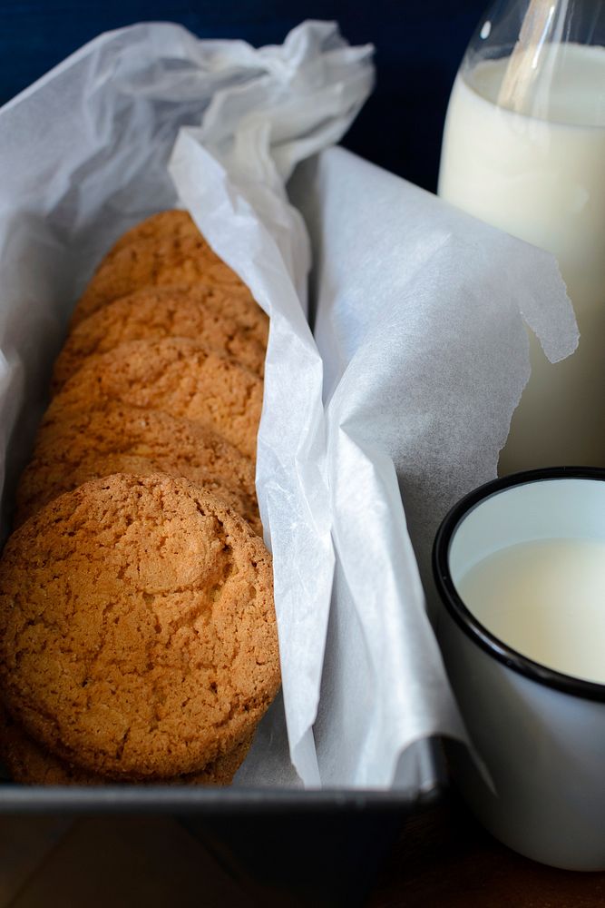 Butter cookies with warm milk. Free public domain CC0 photo.
