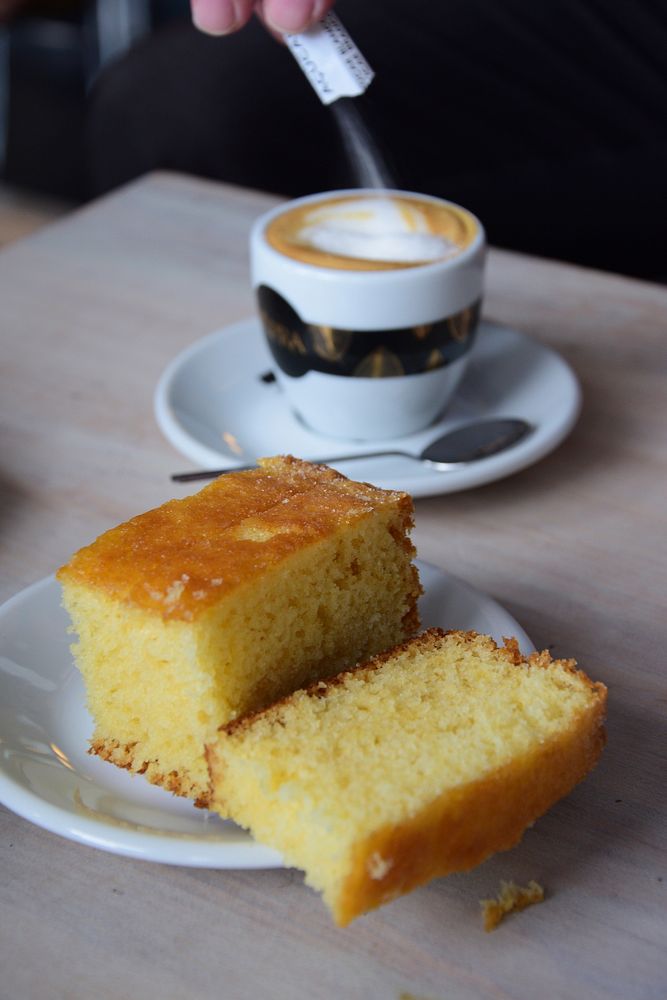 Butter cake with coffee. Free public domain CC0 photo.