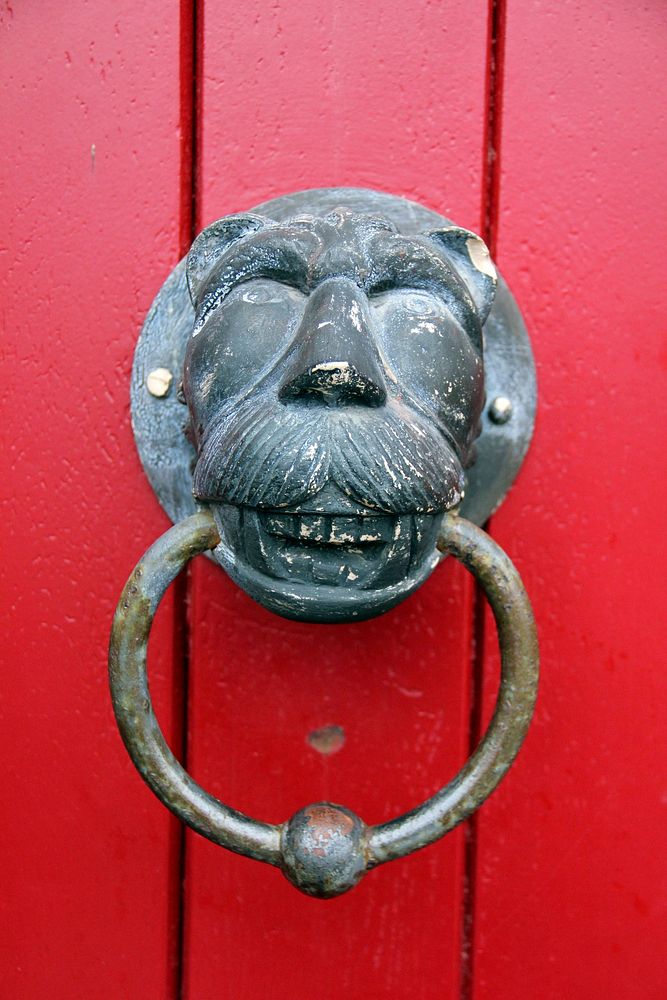 Red lion head doorknocker. Free public domain CC0 photo.