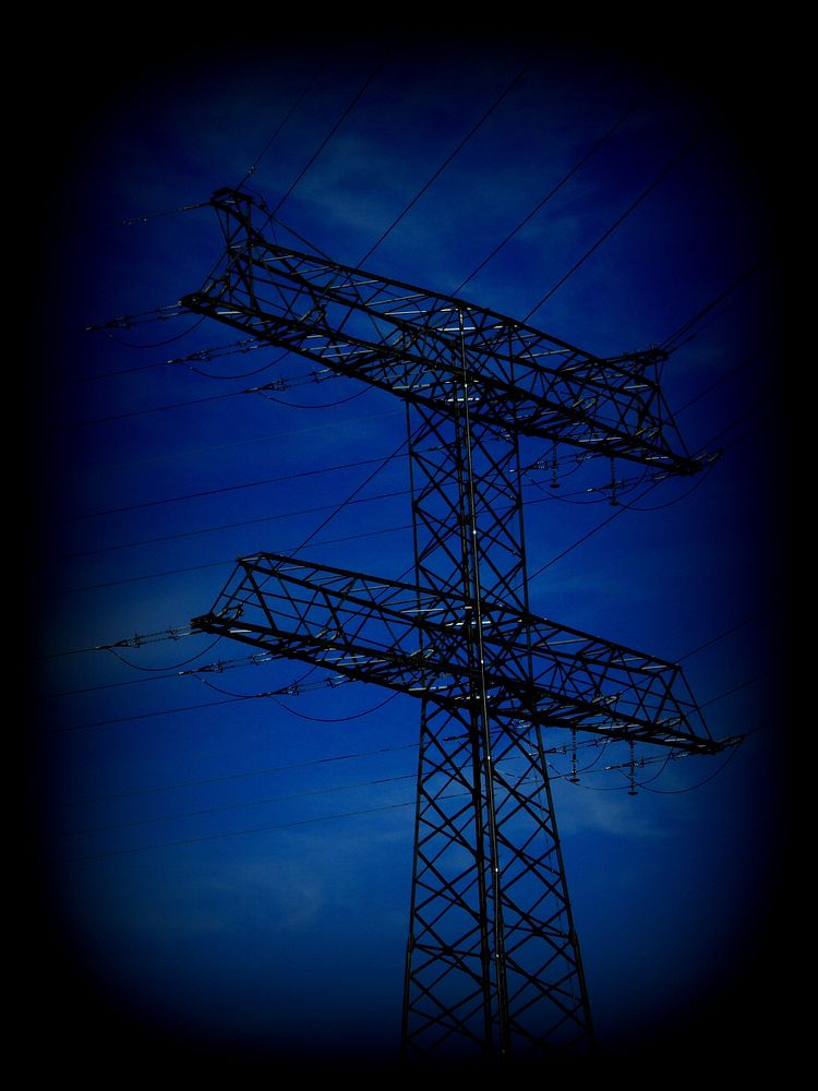 Power lines on electric transmission at night. Free public domain CC0 photo.
