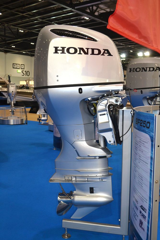 Honda outboard boat engine, location unknown, 10 January 2014. View public domain image source here