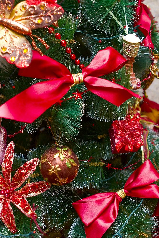 Ornaments hanging on Christmas tree. Free public domain CC0 photo.