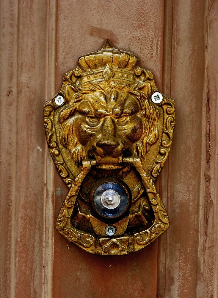 Lion door knocker in brass. Free public domain CC0 photo.