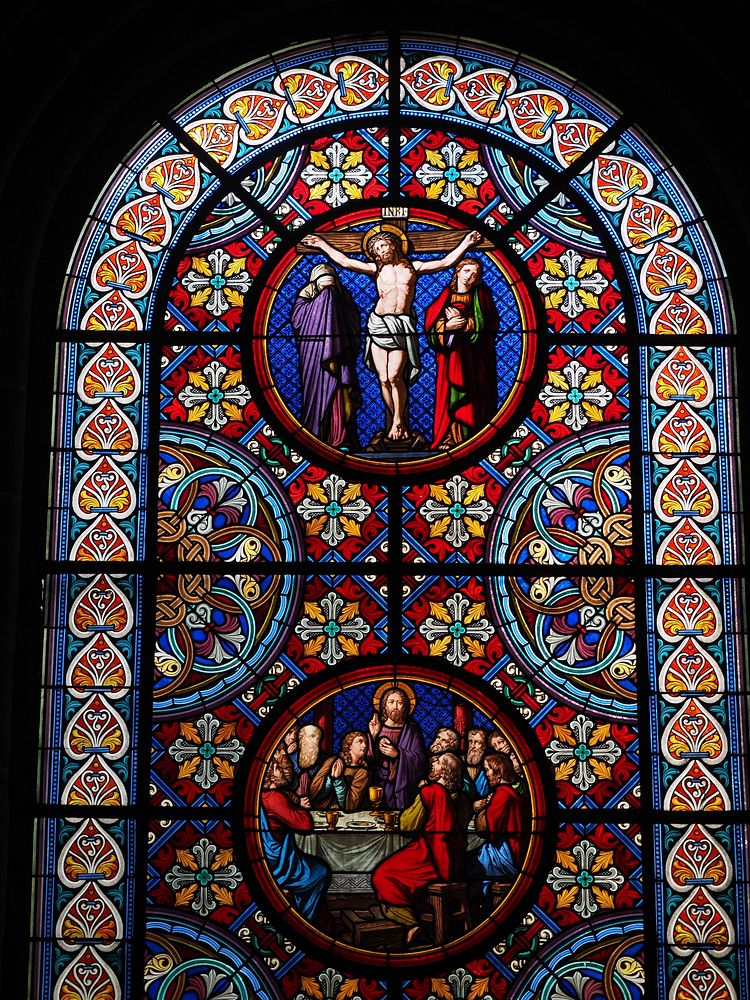 Historical glass painting in church background, Free public domain CC0 photo.