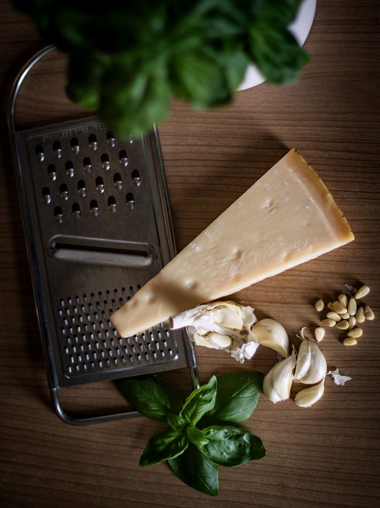 Cheese, garlic, and nuts, flat lay view. Free public domain CC0 image