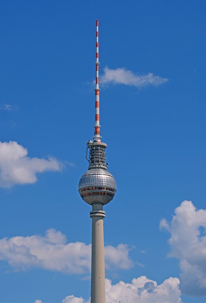 The Berliner Fernsehturm with blue sky. Free public domain CC0 image. 