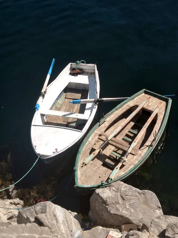 Free 2 wooden rowboat moored to dock image, public domain CC0 photo.