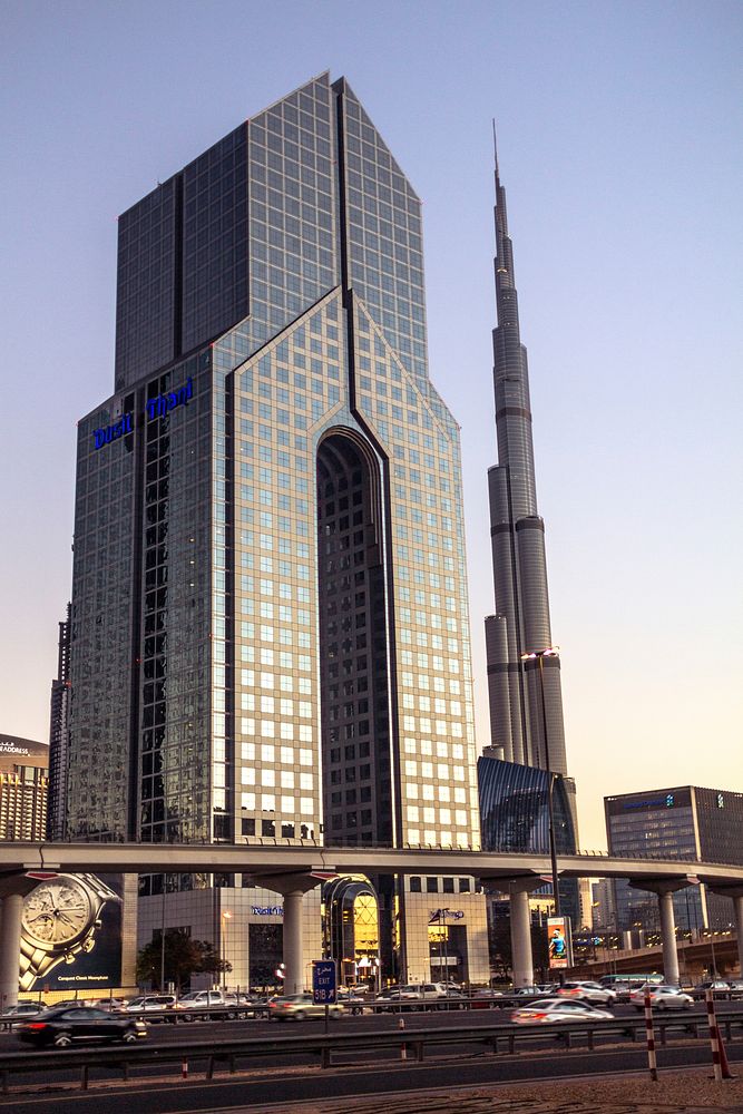 Dusit Thani Hotel and Burj Khalifa, Dubai. Free public domain CC0 photo.