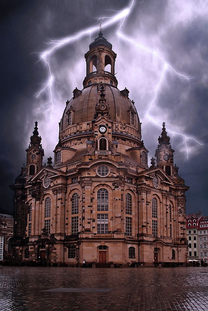 Free lightning under a cathedral image, public domain CC0 photo.