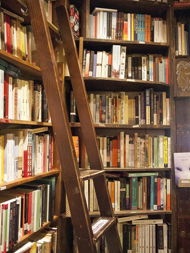 Free library shelves with many books photo, public domain CC0 image.