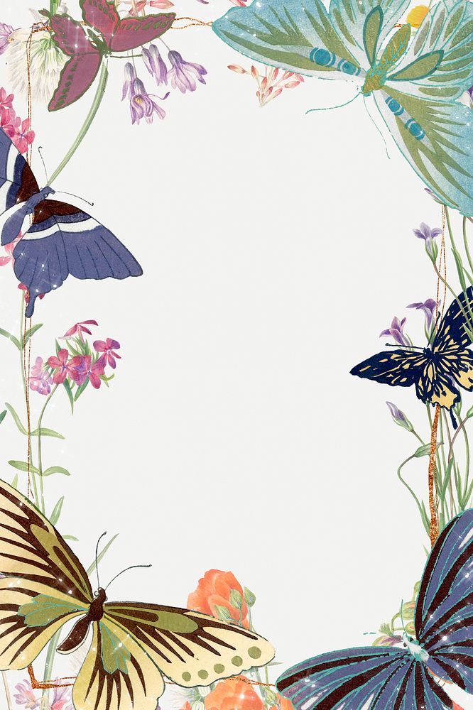 Aesthetic butterfly frame, colorful vintage illustration psd