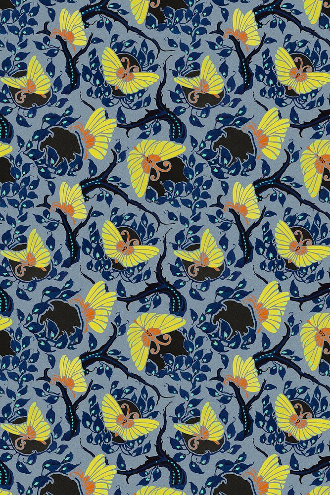 Blue butterfly pattern, seamless Art Nouveau background in oriental style