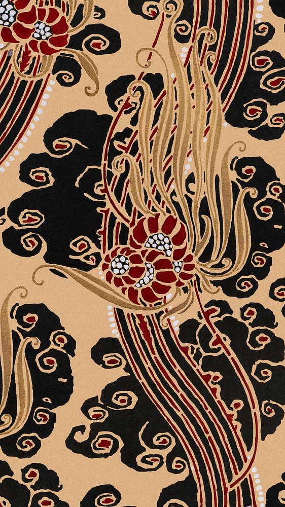 Aesthetic gold botanical pattern Art Deco phone wallpaper background in oriental style