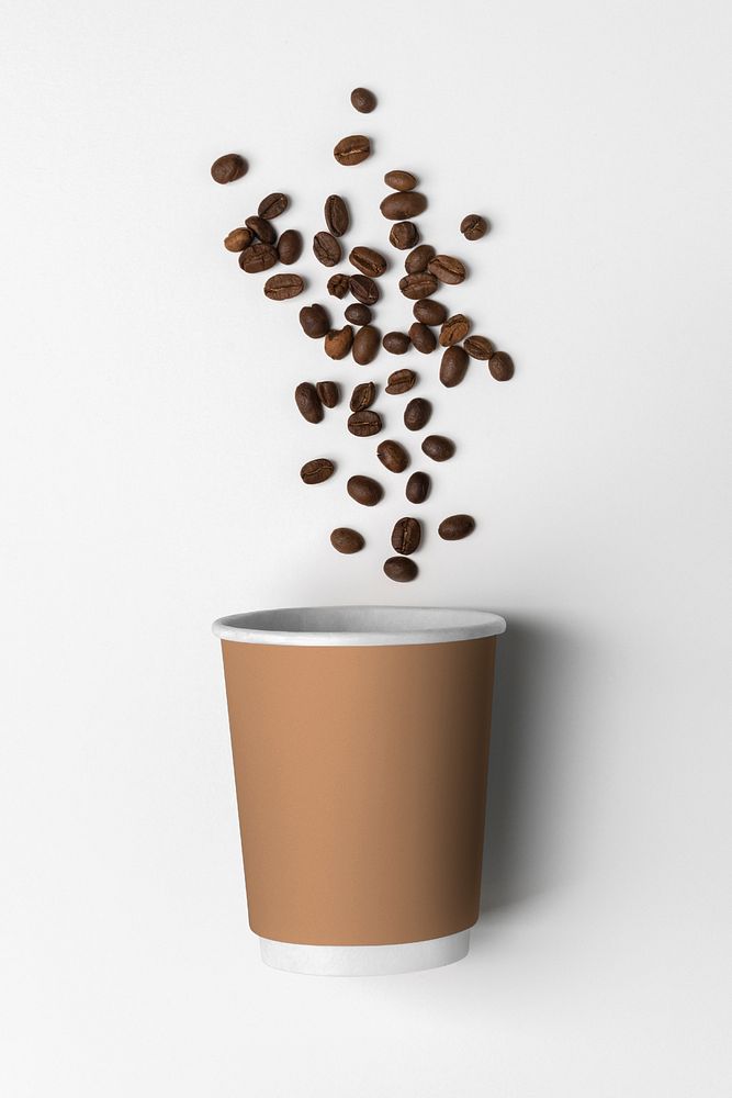 Brown coffee cup, eco product packaging, flat lay design