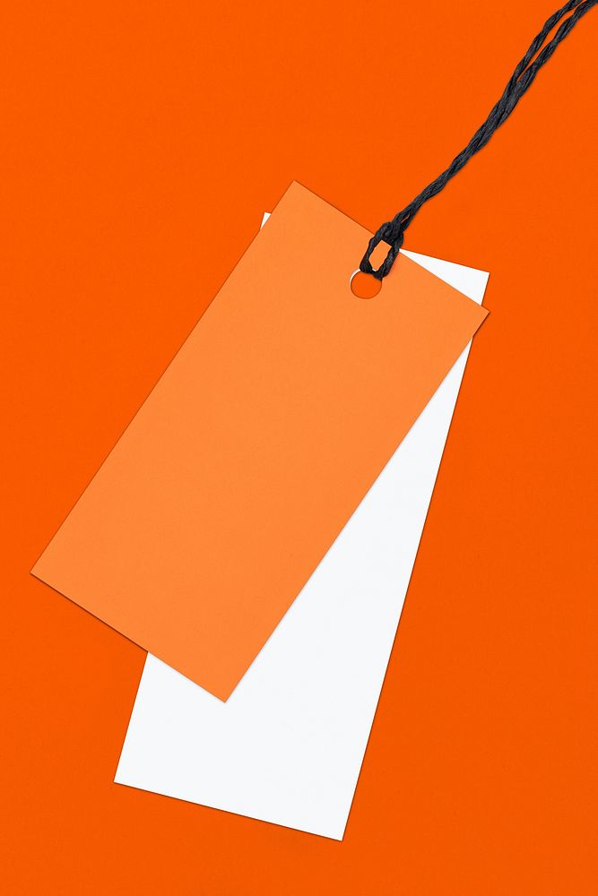 Blank orange label tag, business branding, flat lay design