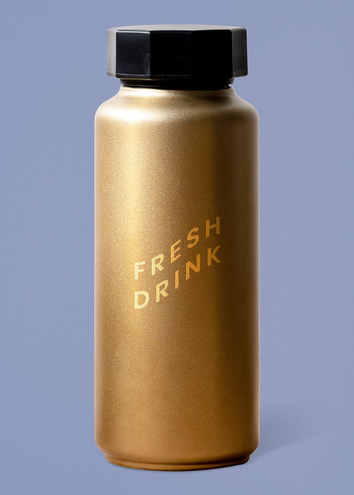 Gold water bottle mockup psd, insulated stainless steel bottle, isolated object